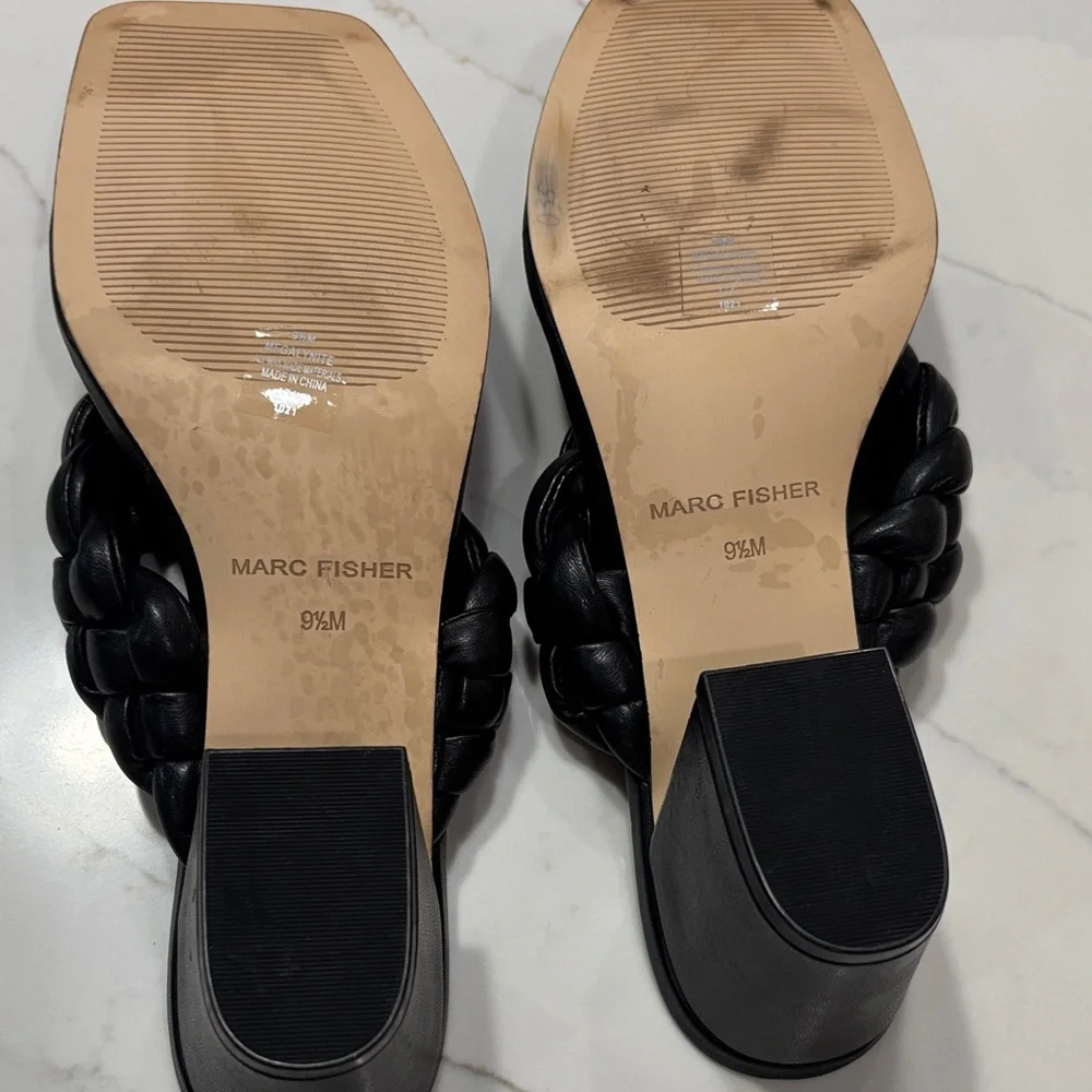 Marc Fisher Black Braided Leather Block Heel Thong Sandals